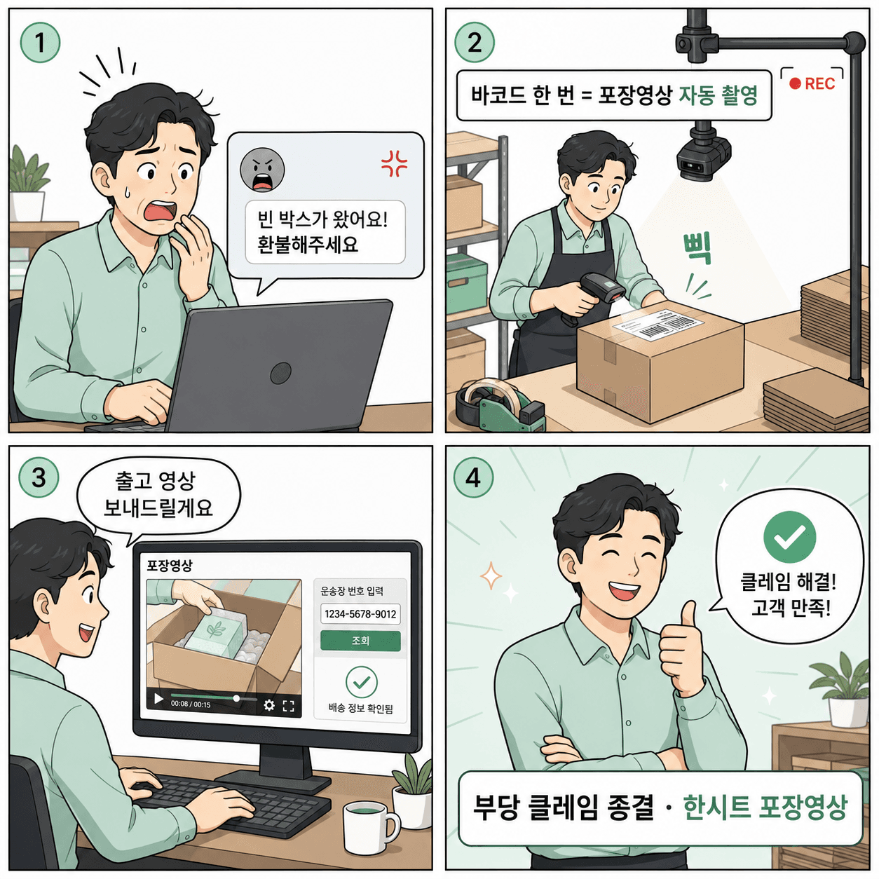 포장영상으로 부당 클레임을 해결하는 4컷 웹툰 — ① 고객이 '빈 박스가 왔다'며 환불 요구 ② 포장대 카메라가 바코드 스캔과 동시에 포장영상 자동 촬영 ③ 운송장 번호로 포장영상을 조회해 고객에게 전송 ④ 부당 클레임 종결, 고객 만족